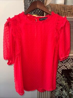 GibsonLook Women's Red Ruffle Swiss Dot Blouse